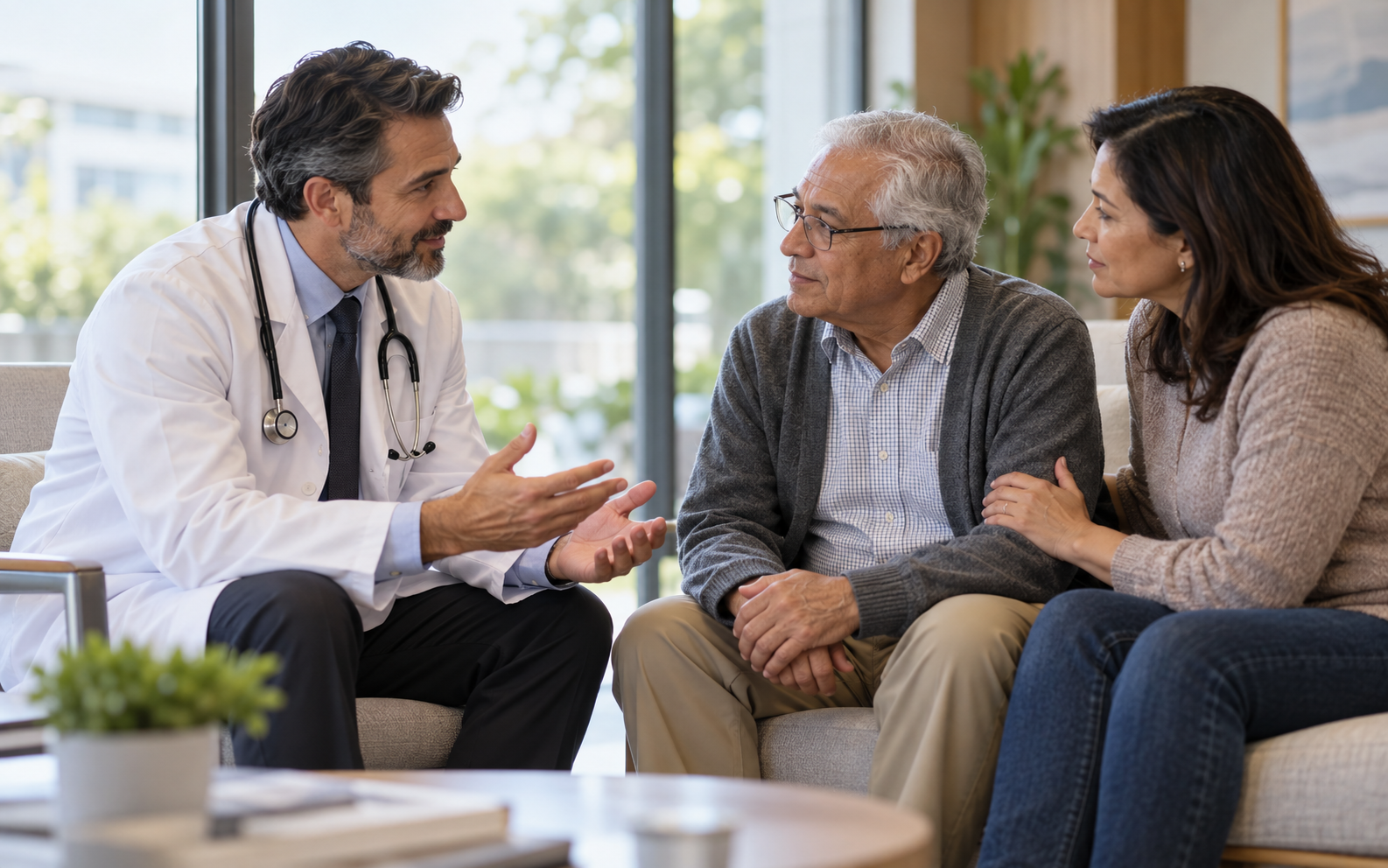 Physician speaking with an older patient and family member