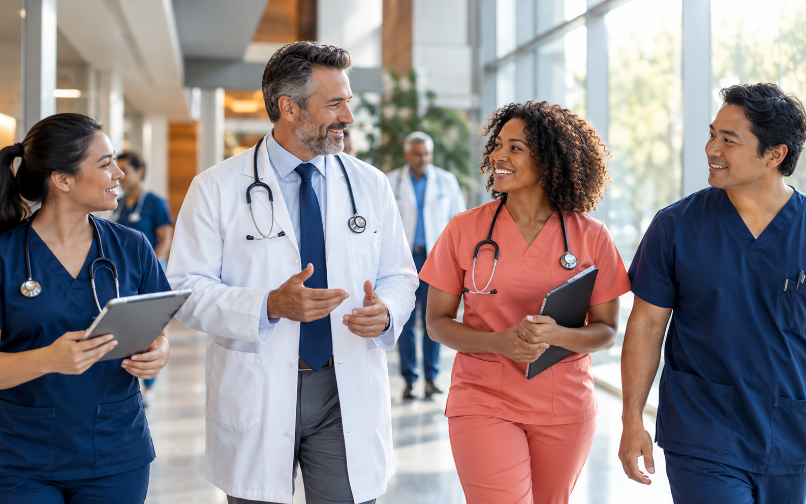 Clinical team collaborating in a bright hospital corridor